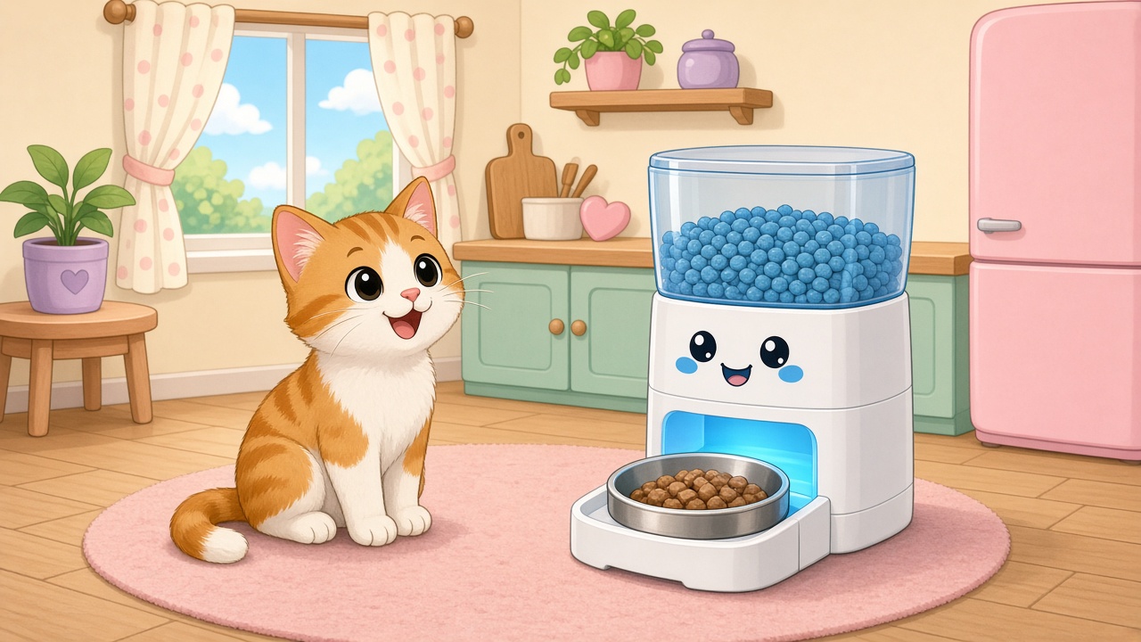 Cartoon of a happy orange-and-white cat sitting on a pink kitchen rug beside a smiling refrigerated wet-food feeder with a chilled bowl.